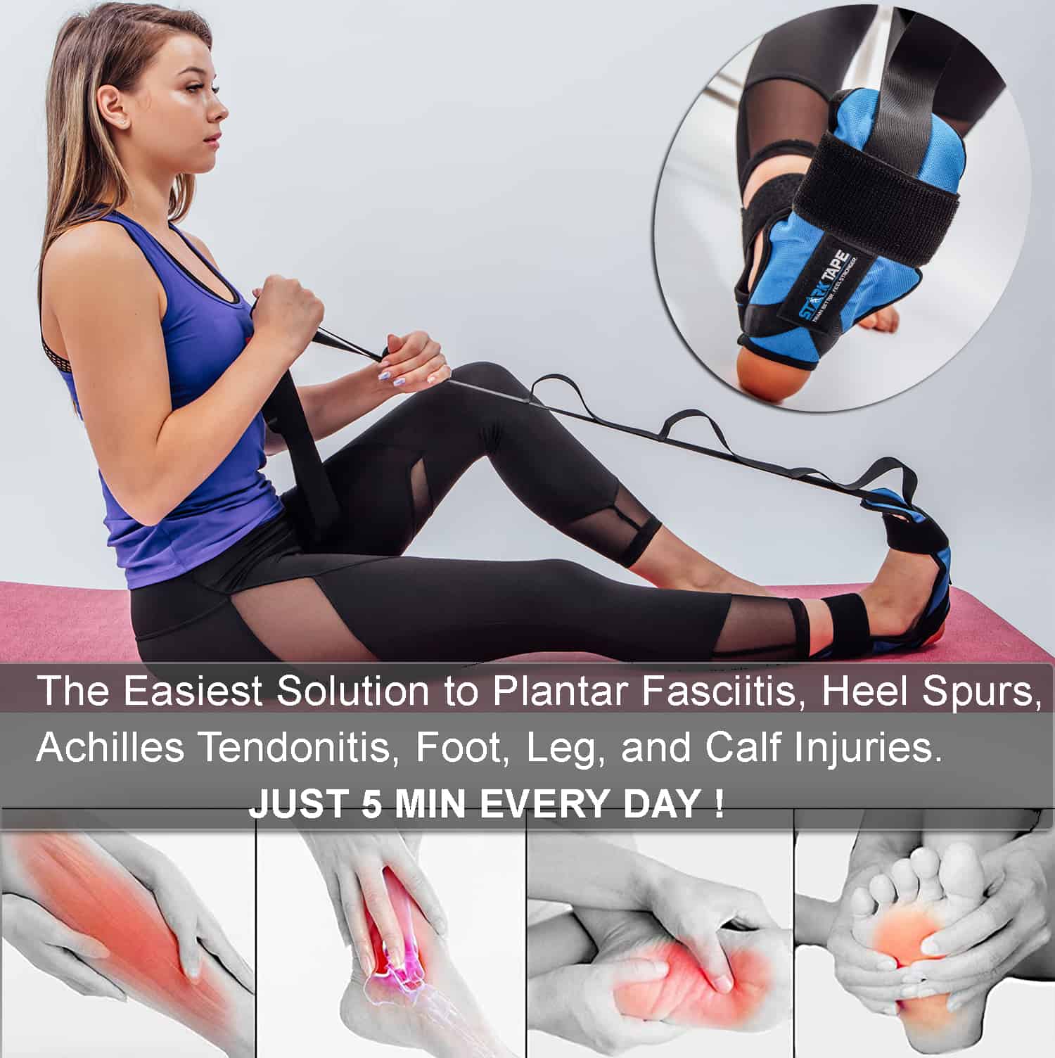 Yoga Stretching Strap,Leg and Calf Stretcher Strap with Adjustable  loops,Foot Stretcher Belt, Heel Spurs, Foot Drop, Achilles Tendonitis &  Hamstring.